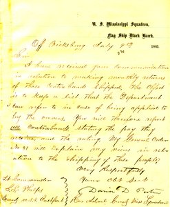 Brief von David D. Porter, U. S. S. Black Hawk, vor Vicksburg, an Seth Ledyard Phelps, Kommandant der U. S. S. Eastport, 9. Juli 1863 von David D. Porter
