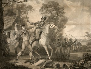 Peter Franciscos tapfere Tat mit neun von Tarletons Kavallerie in Sichtweite einer Truppe von vierhundert Männern, ca. 1814