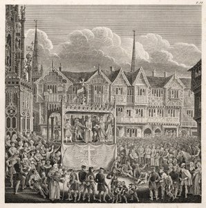 Darstellung eines Festwagens zur Zeit der Aufführung von David Gee