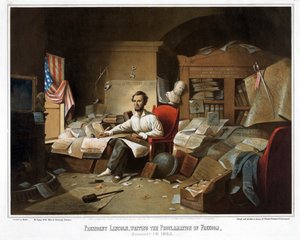 Präsident Lincoln, schreibt die Proklamation der Freiheit, 1. Januar 1863, 1864