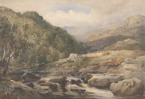 Landschaft mit Bach und Heuarbeitern