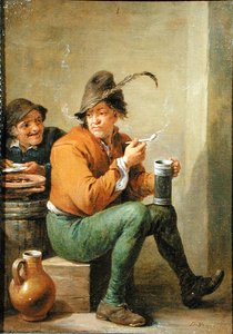 Ein Bauer mit einem Steinzeugkrug und einer Tonpfeife von David III Teniers