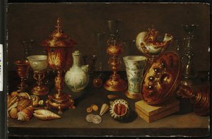 Stillleben mit Muscheln, mit Nautilus, Vasen, Gläsern und Korallenästen