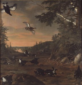 Schwarze Hähne auf dem Boden von David Klöcker Ehrenstrahl
