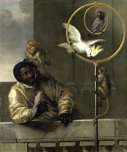 Schwarzer Mann mit Papageien und Affen, 1670