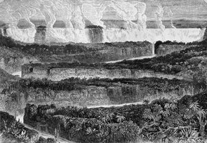 Blick auf die großen Katarakte des Sambesi, bekannt als Mosi-oa-Tunya oder Victoriafälle, Sambia, Kupferstich aus Erzählung der Expedition zum Sambesi und seinen Nebenflüssen, von David Livingstone und Charles Livingstone, London von David Livingstone
