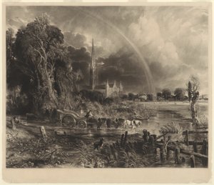 Kathedrale von Salisbury von den Wiesen: der Regenbogen