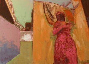 Frau im rosa Kleid, 2016, Mischtechnik auf Holztafel von David McConochie
