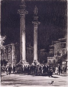 Ein Hausierer zwischen den römischen Säulen der Almeda de Hercules, Sevilla von David Muirhead Bone