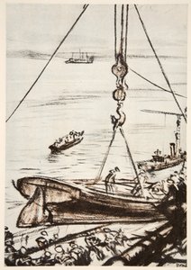 Auf einem Kriegsschiff: Ein Boot vom Hauptkran ablassen, Illustration aus 