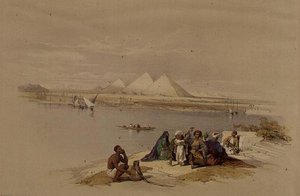 Die Pyramiden von Gizeh vom Nil aus, aus 