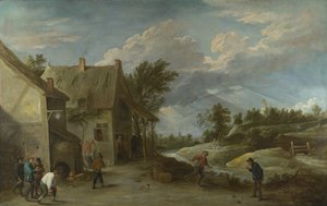 Bauern spielen Kegeln vor einem Dorfgasthaus von David Teniers the Younger