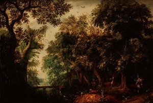 Eine Hirschjagd in einem Wald von David Vinckboons