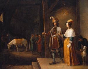 Eine Dame und ein Herr betreten einen Stall von David Teniers the Younger