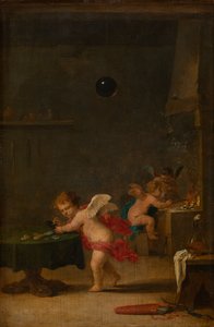 Amoretti in der Werkstatt eines Alchemisten, ca. 1635-37 (Öl auf Eichenholz)
