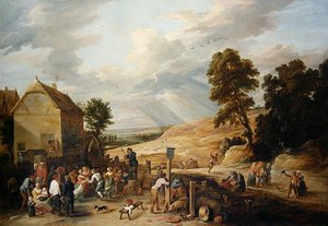 Ländertanz vor einem Gasthaus
