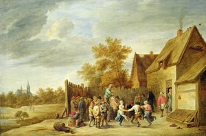 Bauern tanzen vor einem Gasthaus