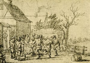 Bauern tanzen vor einem Haus von David Teniers the Younger
