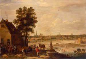 Bauern, die einen Handel über den Verkauf eines Schweins an der Grenze der Stadt Antwerpen abschließen von David Teniers the Younger