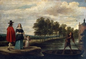 Der Künstler, seine Frau und sein Kind am Wassergraben seines Herrenhauses, Perck