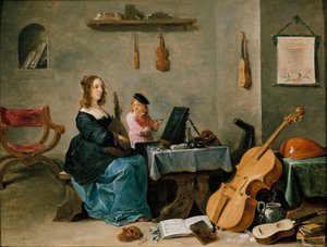 Die Frau und der Sohn des Malers. Porträt der Familie des Künstlers, die junge Frau spielt Musik in einem Raum voller Instrumente, während das Kind Seifenblasen macht. Gemälde von David Teniers dem Jüngeren (1610-1690). 17. Jahrhundert. Turin, Galleria Sab von David Teniers the Younger