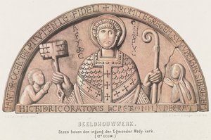 Tympanon von Egmond: Bogenfeld mit Petrus, Graf Dirk VI. von Holland und seiner Mutter Gräfin Petronella, ca. 1120
