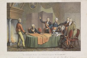 Übernahme der hohen Regierung durch das Dreimännerkollegium im Namen des Prinzen von Oranien, 21. November 1813 von David van der Kellen