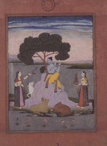 BL Kat. Nr.428, aus einem Johnson Album Nr. 20 Artikel 3, Krishna spielt für zwei Gopis, Hyderabad, ca. 1770