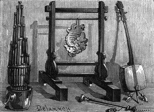 Chinesische Musikinstrumente: Orgel, Klangstein und Geige. von Delannoy Delannoy