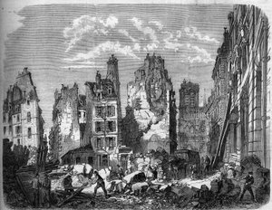 Transformationen von Paris unter dem Zweiten Kaiserreich, Haussmann-Paris. Zerstörung eines Teils der Île de la Cité zur Erweiterung des Hôtel-Dieu, Gravur nach einer Zeichnung