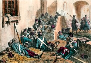 Typhus während der Napoleonischen Kriege. Soldaten der französischen Armee leiden an Fieber, verursacht durch die Krankheit. Gravur von Denis Auguste Raffet (1804-1860) 19. Jahrhundert