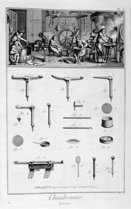 Innenansicht eines Eisenwarenhändlers und Pläne von Instrumenten, 1751-1777