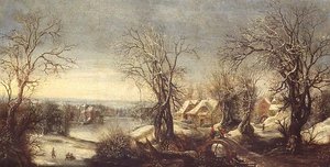 Weitläufige bewaldete Winterlandschaft mit Schlittschuhläufern auf einem zugefrorenen Wasserweg, ein Pilger und Schrein im Hintergrund von Denys van Alsloot
