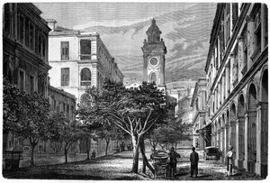 Ansicht des historischen Hongkonger Uhrturms. Gravur nach einer Zeichnung von Deroy, in „Le Tour du Monde, Nouveau journal des Voyages“, herausgegeben von Edouard Charton, Paris
