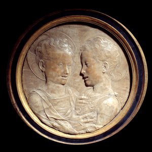 Jesus Christus und Johannes der Täufer als Kinder. Relief auf rundem Marmor von Desiderio da Settignano (1428-1464) 15. Jahrhundert Paris, Musée du Louvre