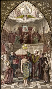 Der heilige Remigius tauft Chlodwig in Reims - Die Taufe des Königs der Franken Chlodwig I. (466-511) in Reims durch den Bischof Saint Remi am 25. Dezember 496 (oder 499) - Gravur nach dem Gemälde von Désiré François Laugée von Desire Francois Laugee