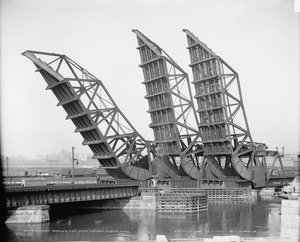 Geöffnete Tower-Brücken, Fort Point Channel, Boston, ca. 1904 (s/w Foto)