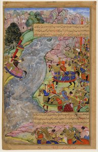Jalal al-Din Khwarazm-Shah überquert den reißenden Indus-Fluss und entkommt Dschingis Khan und seiner Armee, 1597