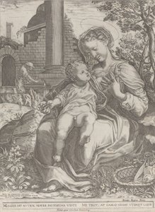 Die Heilige Familie in Ägypten, mit Joseph als Zimmermann im Hintergrund, [1577], neu veröffentlicht 1774