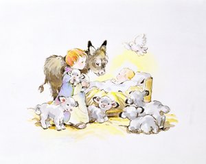 Esel und Lämmer um eine Krippe