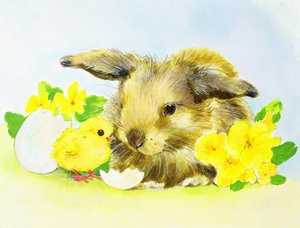 Osterhase mit Primel und Küken