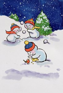 Kleine Schneemänner beim Schneeballwerfen, 1996