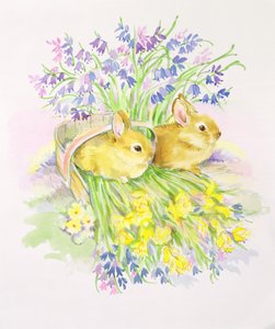 Kaninchen in einem Korb mit Narzissen und Glockenblumen