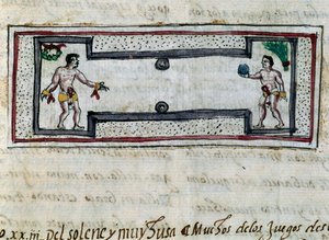 Azteken spielen Pelota, Miniatur aus der Geschichte der Indiens (Historia de las Indias) von Diego Duran (1537-1588), Manuskript von 1579 von Diego Duran