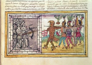 Codex Duran: Pedro de Alvarado (ca. 1485-1541), Waffenbruder von Hernando Cortes (1485-1547), belagert von aztekischen Kriegern von Diego Duran