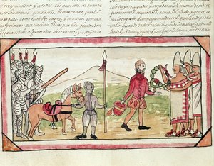 Fol.208v Treffen von Hernando Cortes (1485-1547) und Montezuma (1466-1520), Miniatur aus der 