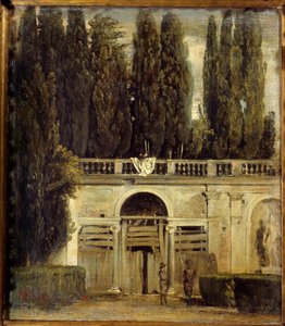 Villa Medici in Rom, zwei Männer am Eingang der im Bau befindlichen Loggia. Ansicht der Gärten der Villa Medici von Diego Velázquez