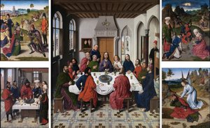 Das Sammeln von Manna und Passah (recto links), Das letzte Abendmahl (Mitte), Das Treffen von Abraham und Melchisedek und Elia, erweckt durch den Engel (1 Könige 19:5-6) (recto rechts) von Dieric Bouts