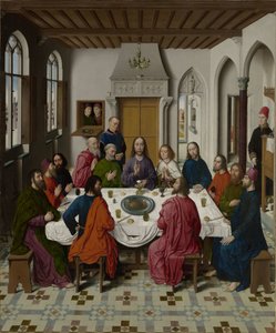 Das Sammeln von Manna und das Passahfest (recto links), Das letzte Abendmahl (Mitte), Das Treffen von Abraham und Melchisedek und Elia, geweckt durch den Engel (1 Könige 19:5-6) (recto rechts) von Dieric Bouts