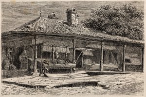 Eine Metzgerei und eine Bäckerei in Bukarest (Rumänien). Gravur zur Illustration der Reise von Paris nach Bukarest von Lancelot, Designer, im Jahr 1860, in „Le tour du monde, nouveau journal des voyages“, herausgegeben von Edouard Charton